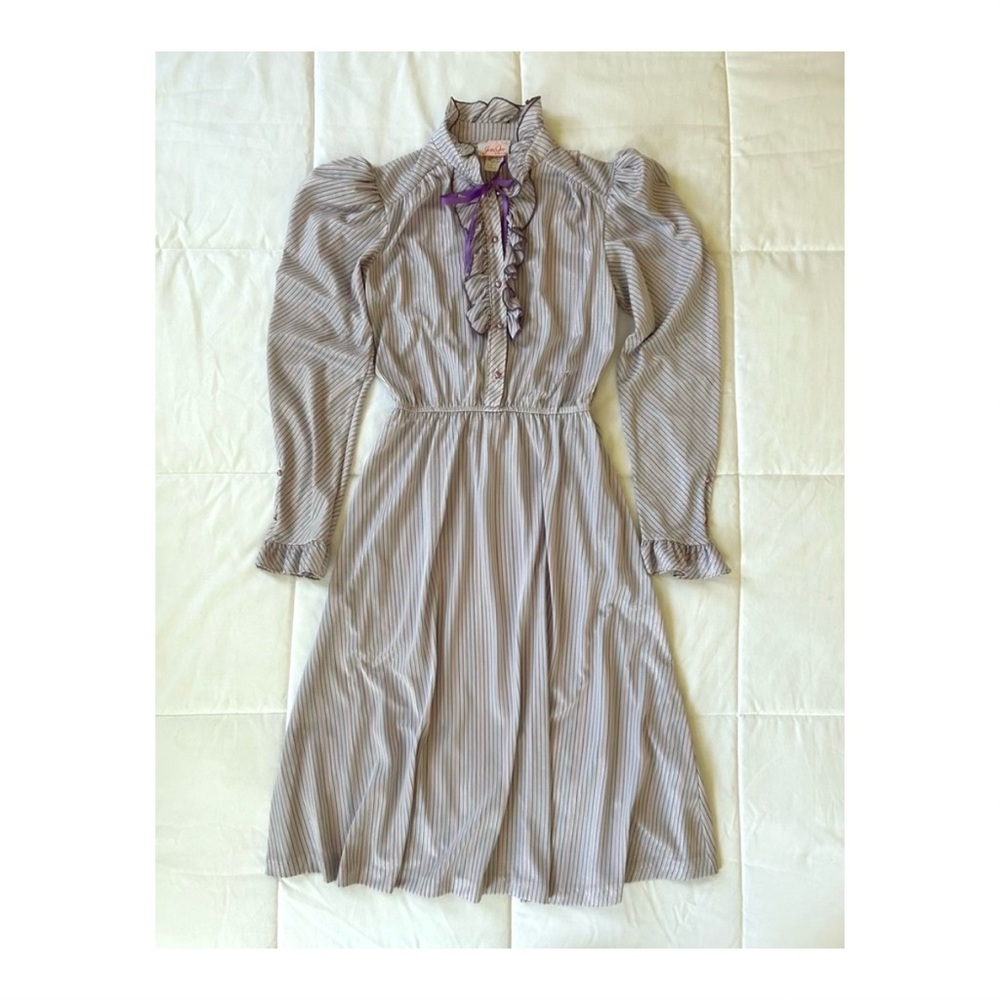 Vintage Jerri Jee Pastel Striped Puff Long Sleeve Ruffled High Neck Midi Dress